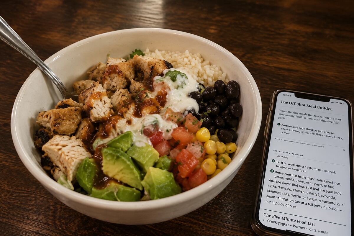 An ordinary filling meal beside a phone showing the Off-Shot Meal Builder.