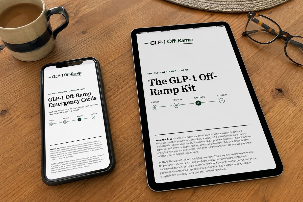 The complete GLP-1 Off-Ramp Kit and Emergency Cards shown on phone and tablet screens.