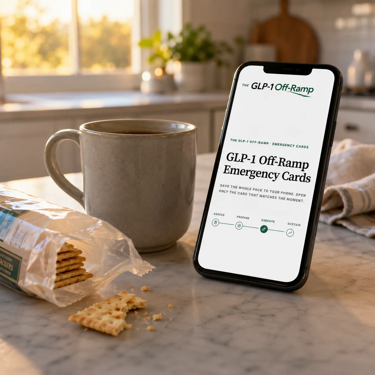 An open packet of crackers beside a phone showing the GLP-1 Off-Ramp Emergency Cards.