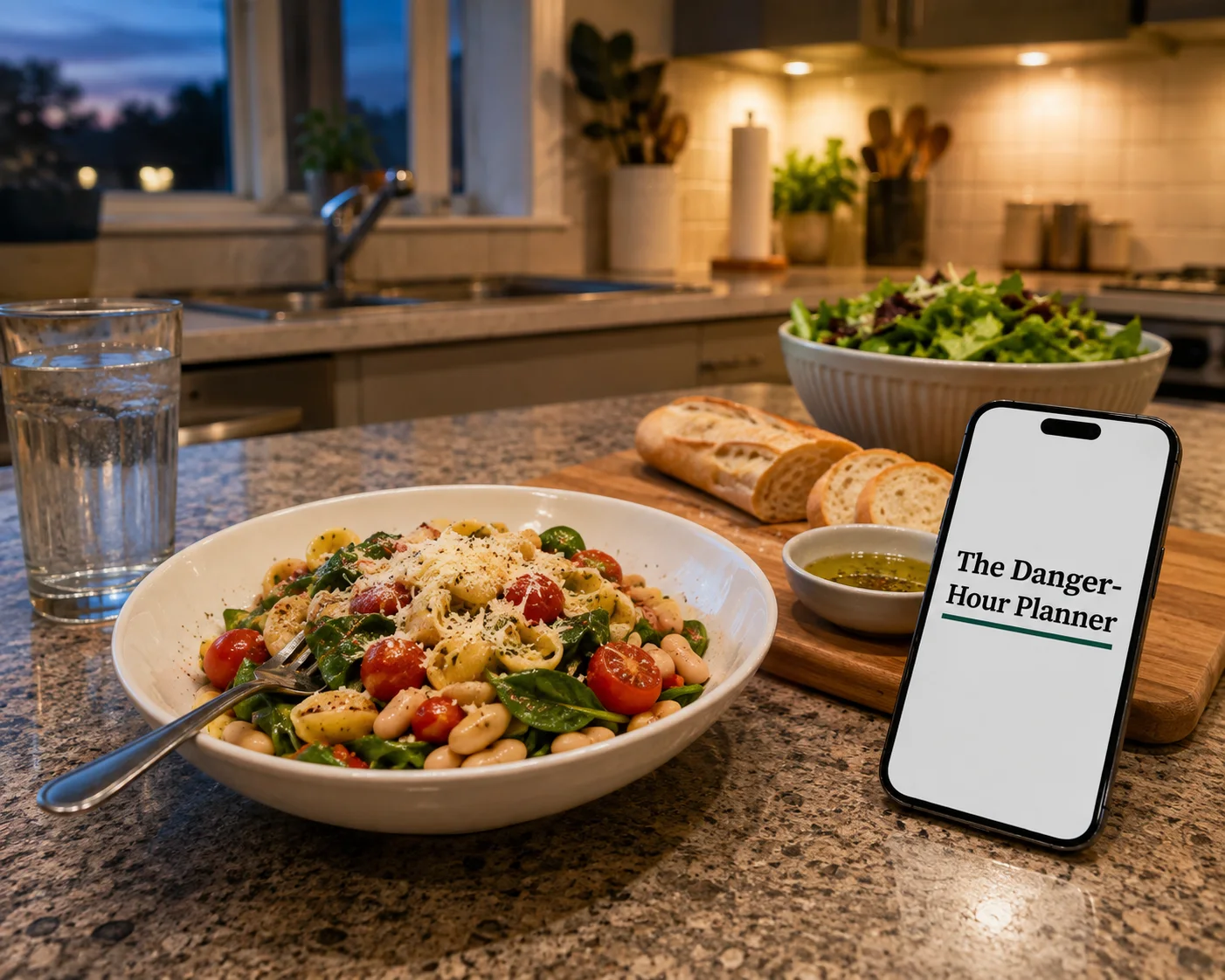 An easy evening meal beside a phone showing the Danger-Hour Planner.