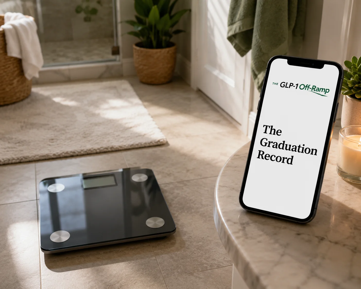 A bathroom scale beside a phone showing the Graduation Record.