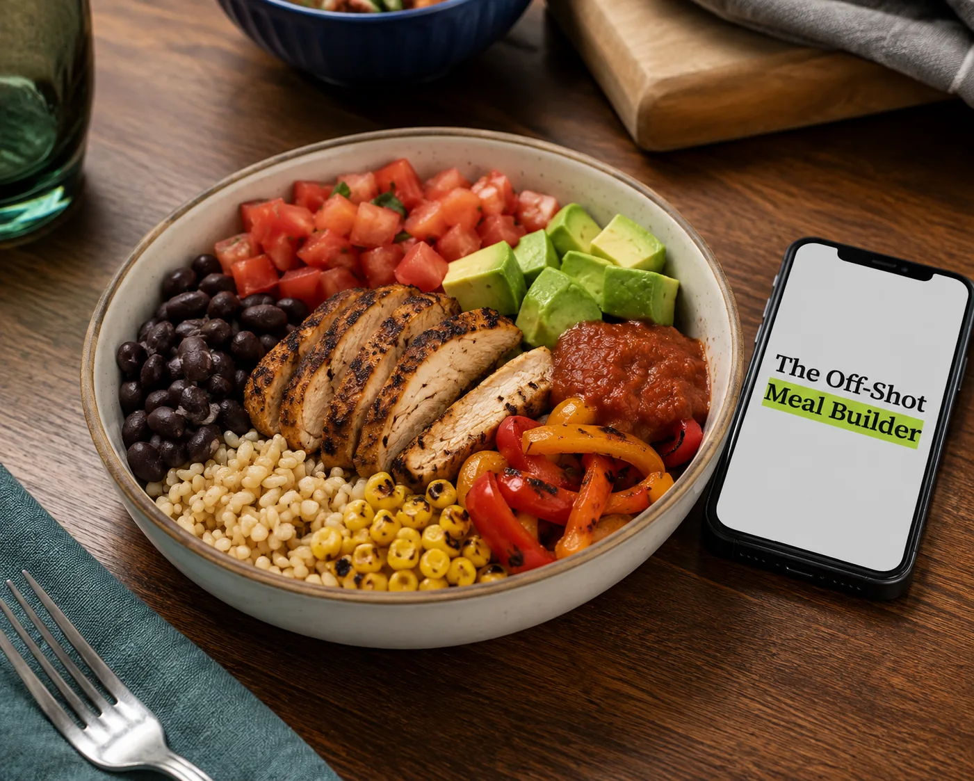 A filling meal beside a phone showing the Off-Shot Meal Builder.