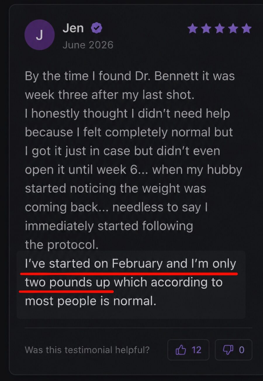 Customer review about starting the Kit weeks after her final shot and staying within about two pounds.